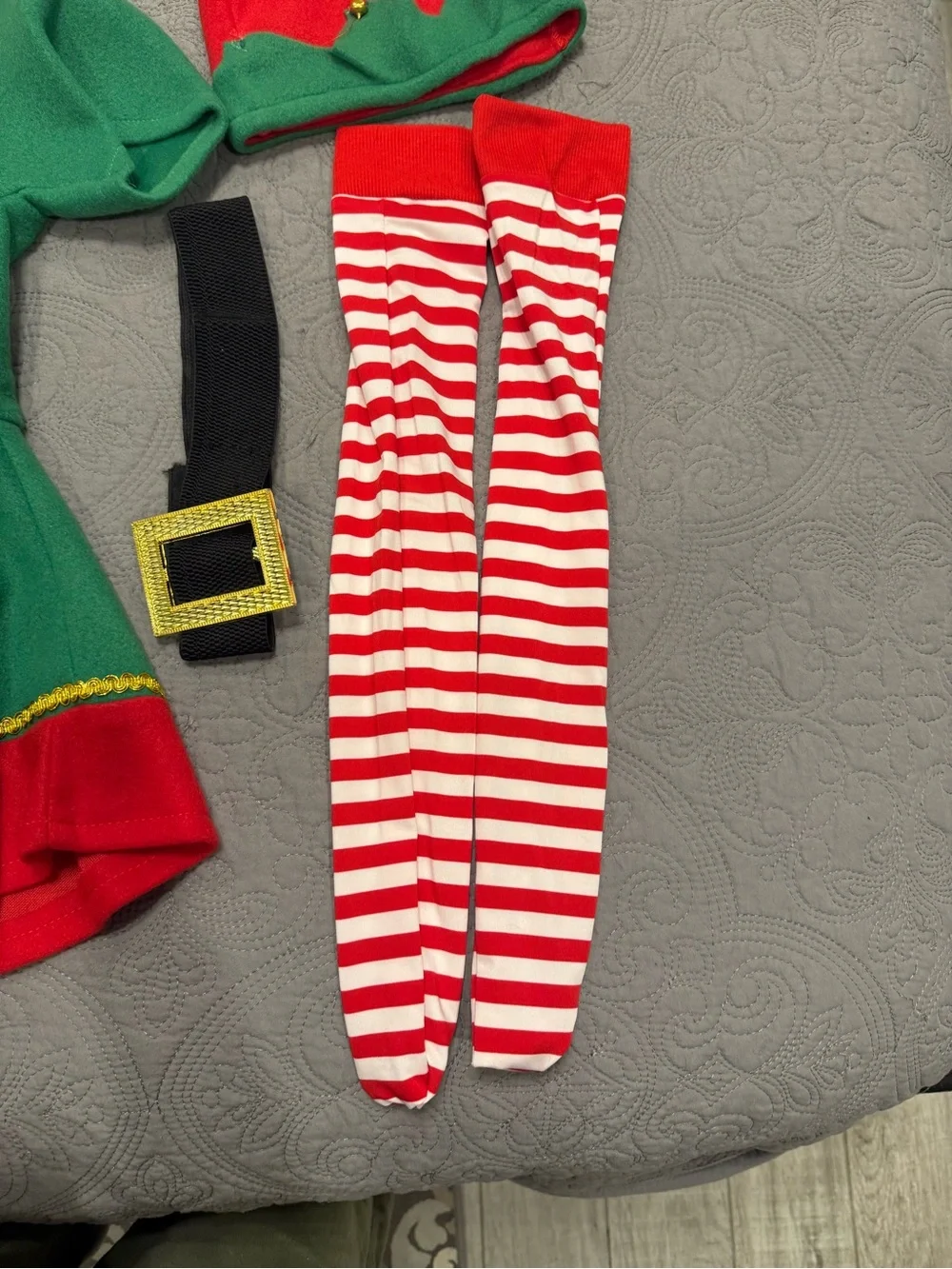 Girls' Green & Red Elf Costume with Striped Tights and Hat